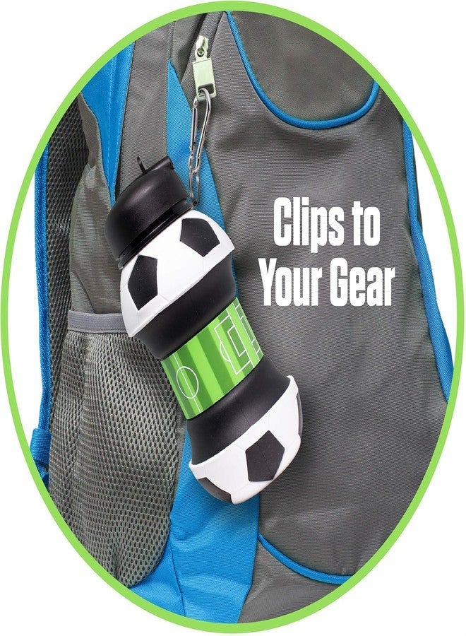 SOLDTRUE Collapsible Silicone Water Bottle|Portable For School,Sports,Travel & Outdoor Activities|Football-Shaped,BPA-Free,Leakproof Kids Bottle With Carabiner Clip (1 Pcs.,550Ml.),Black,White,Green - Image 5